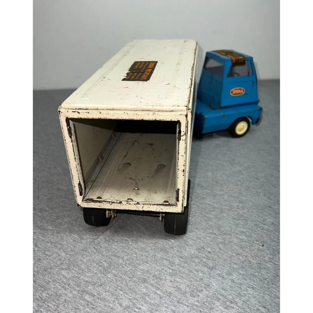 Vintage Mini Tonka Blue Semi Truck & White‎ Trailer Metal Toy Collectible
